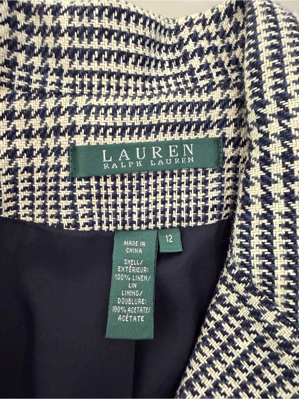 Vtg Lauren Ralph Lauren Linen Houndstooth Blazer Jacket CBK Navy Beige Womens 12 - Picture 6 of 8